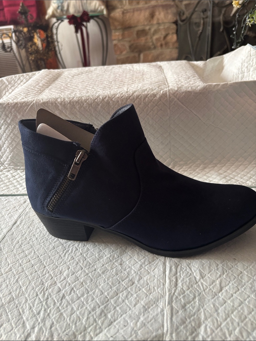 Sun + Stone Navy Suede Ankle Bootie with Side Zip